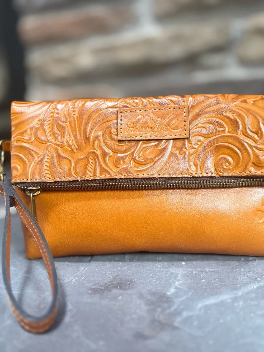Patricia Nash Valerie Gold Tooled Floral Leather Wristlet clutch
